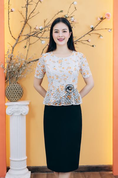 Đầm body - Cổ tròn tay ngắn - CD - Trắng hoa cam - TTV1851#