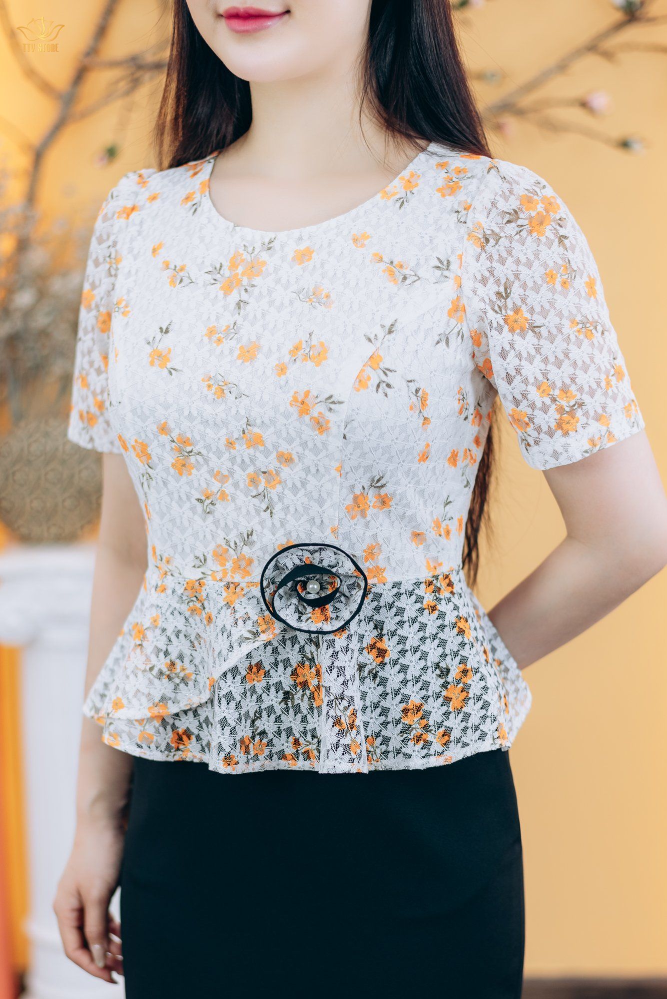 Đầm body - Cổ tròn tay ngắn - CD - Trắng hoa cam - TTV1851#