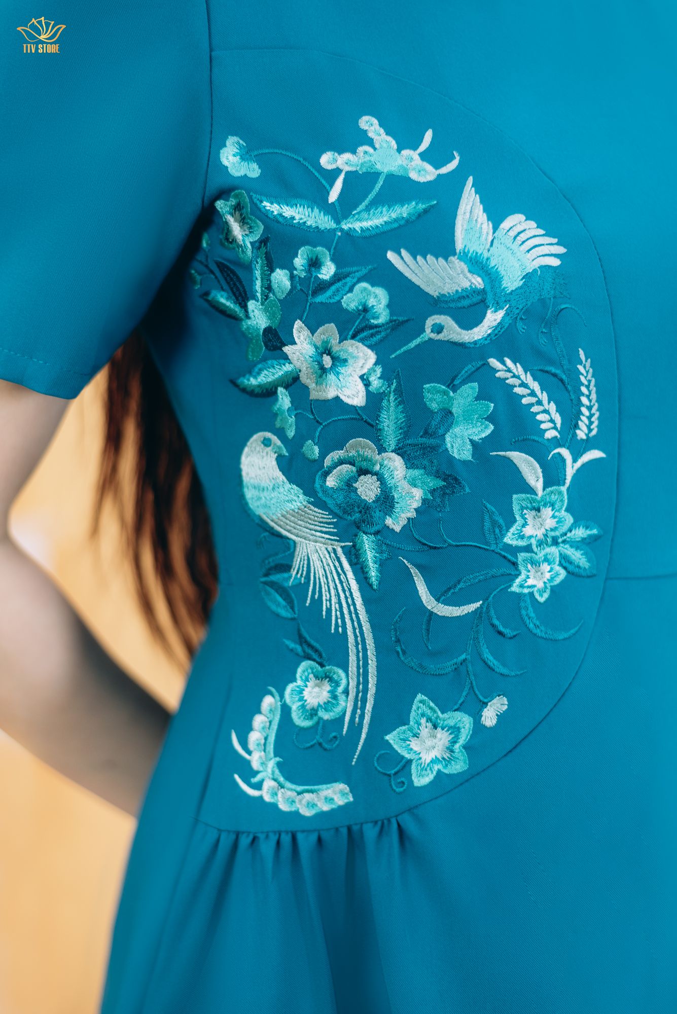 Đầm xòe - Cổ tròn tay ngắn thêu hoa - CD - Xanh - TTV1838