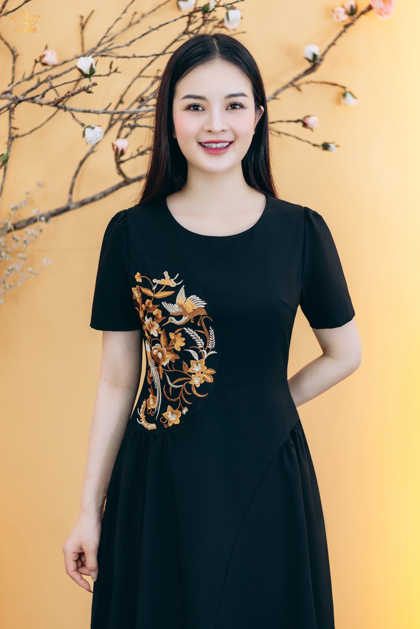 Đầm xòe - Cổ tròn tay ngắn thêu hoa - CD - Đen - TTV1838