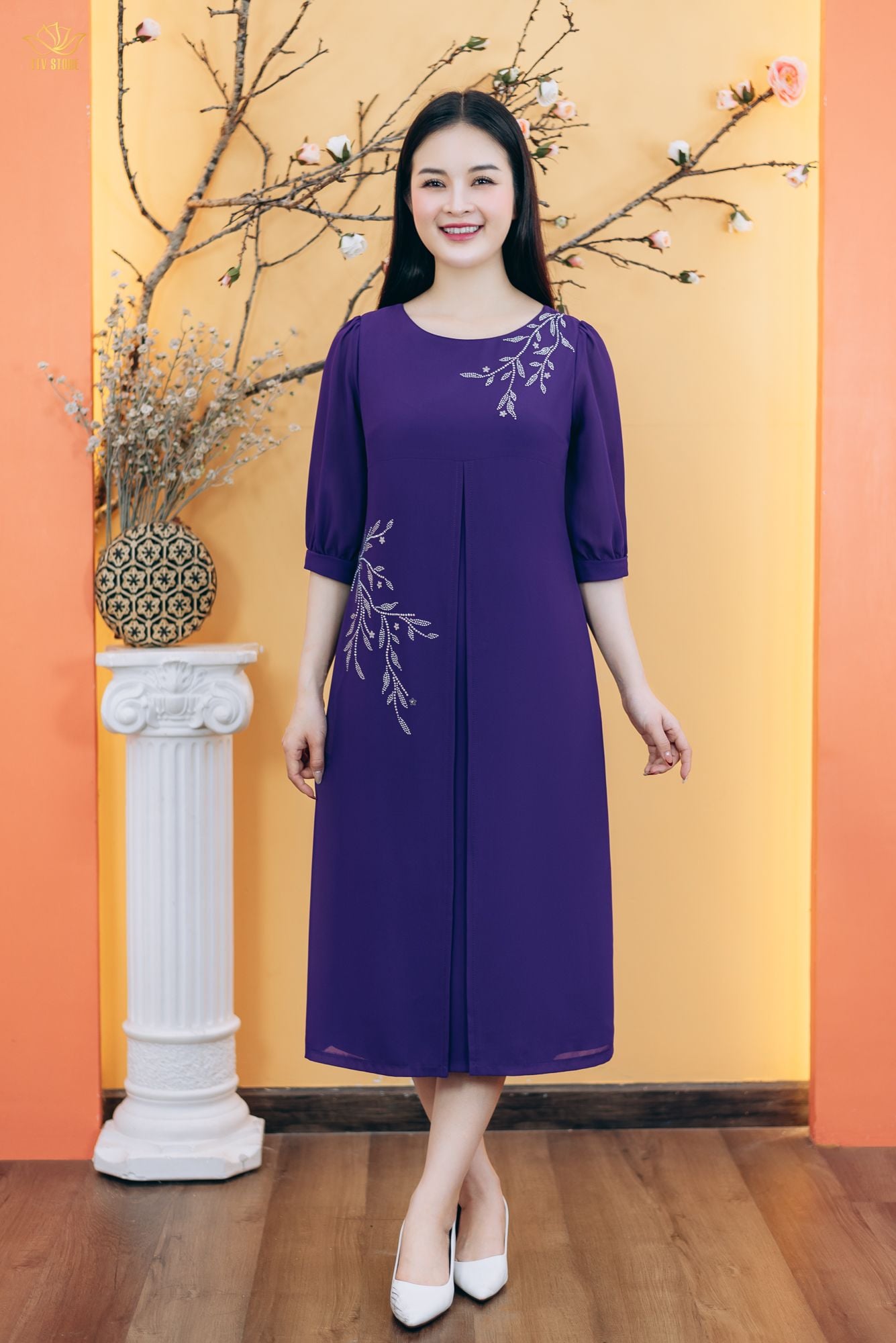 Đầm suông - Cổ tròn đính đá tay lỡ - AH - Tím huế - TTV1850