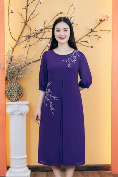 Đầm suông - Cổ tròn đính đá tay lỡ - AH - Tím huế - TTV1850