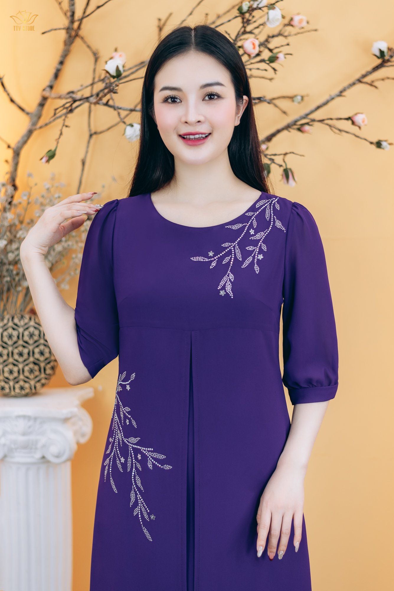 Đầm suông - Cổ tròn đính đá tay lỡ - AH - Tím huế - TTV1850