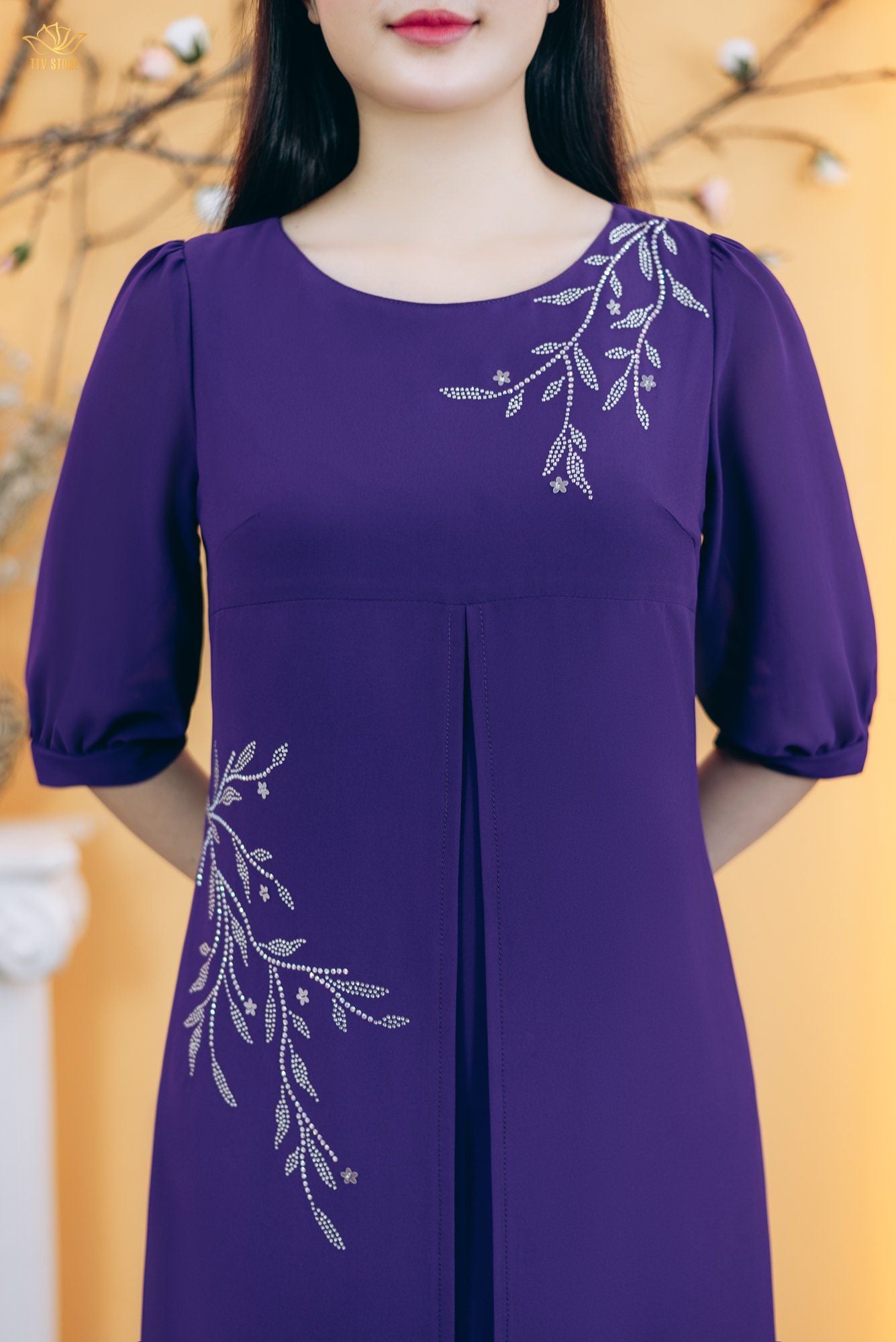 Đầm suông - Cổ tròn đính đá tay lỡ - AH - Tím huế - TTV1850