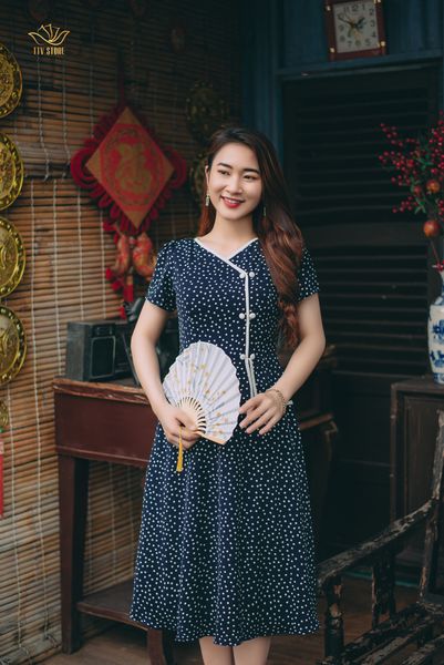 Đầm xoè - Cổ tim tay ngắn - CD - Xanh bi trắng - TTV1213