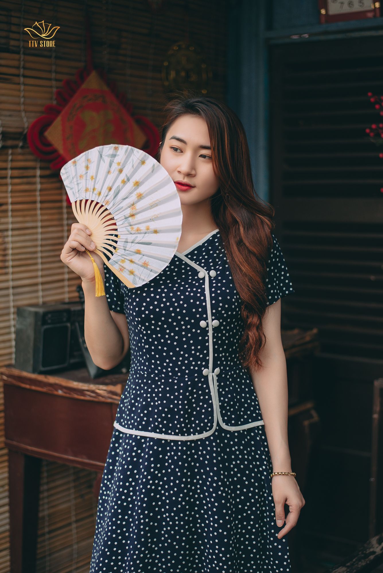 Đầm xoè - Cổ tim tay ngắn - CD - Xanh bi trắng - TTV1213