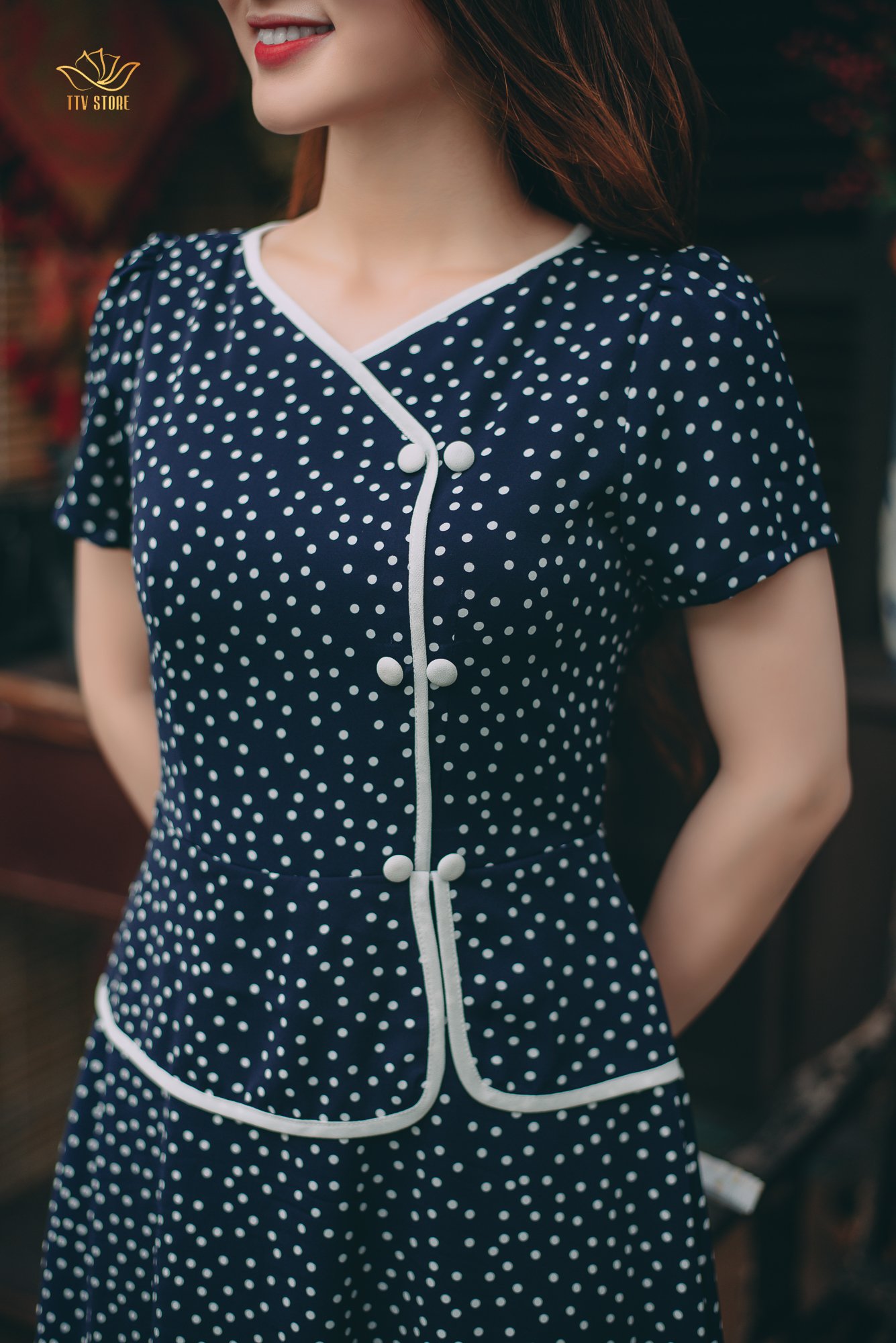 Đầm xoè - Cổ tim tay ngắn - CD - Xanh bi trắng - TTV1213
