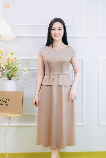 Đầm xòe - Cổ tròn khoét V tay con  - CT - Da - TTV1843#