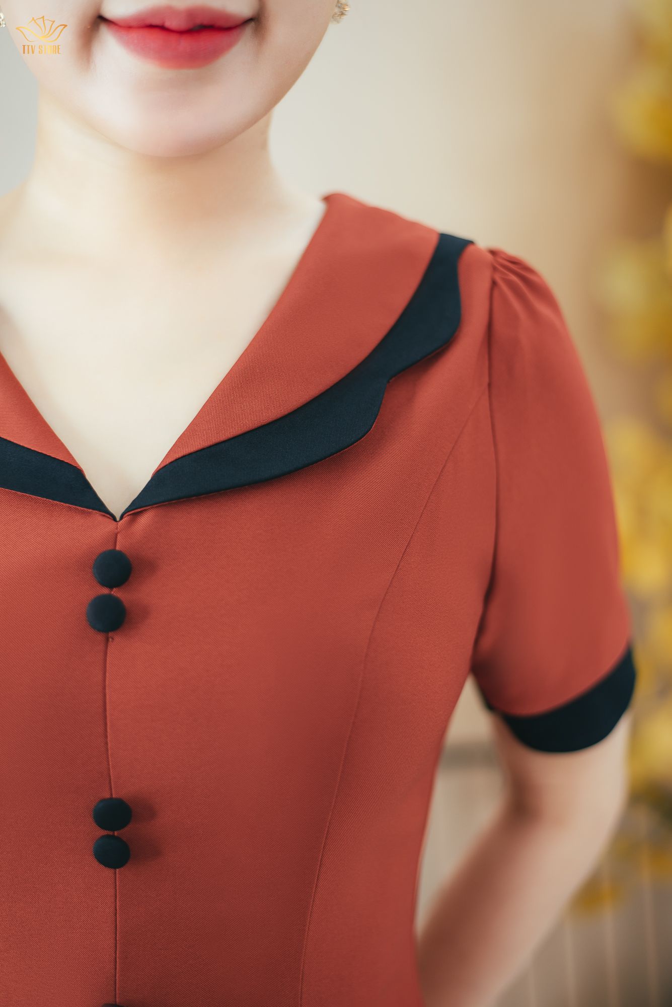 Đầm xòe 8 mảnh - Cổ tim kết nút viền sóng nước tay ngắn - CV - Cam gạch - TTV1497