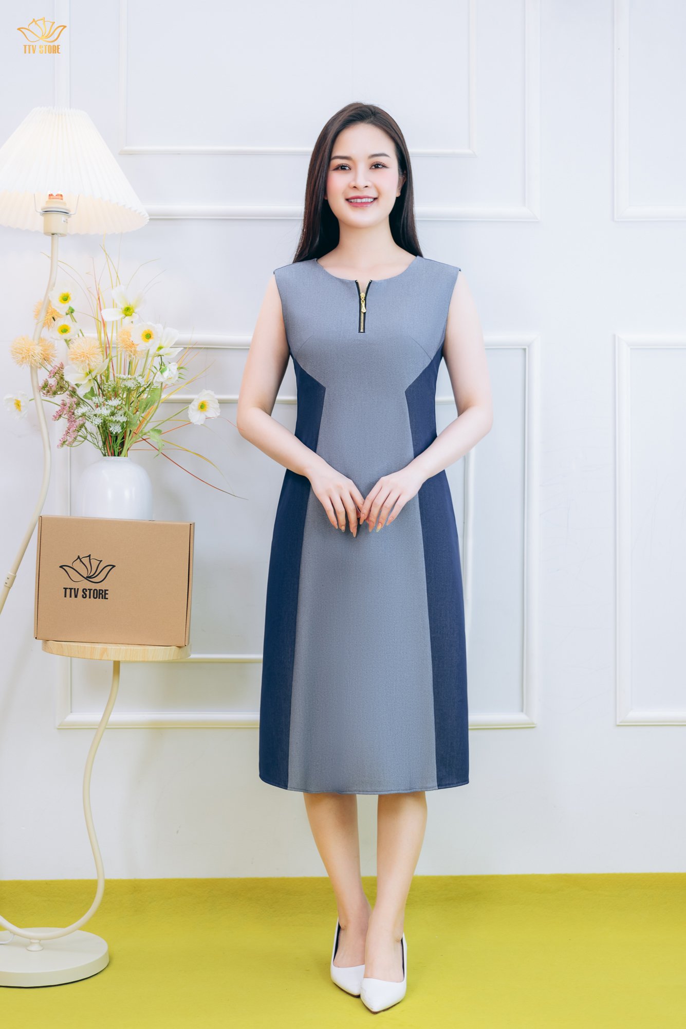 Đầm suông A - Cổ tròn tay sát nách - CV - Xanh jean - TTV1842