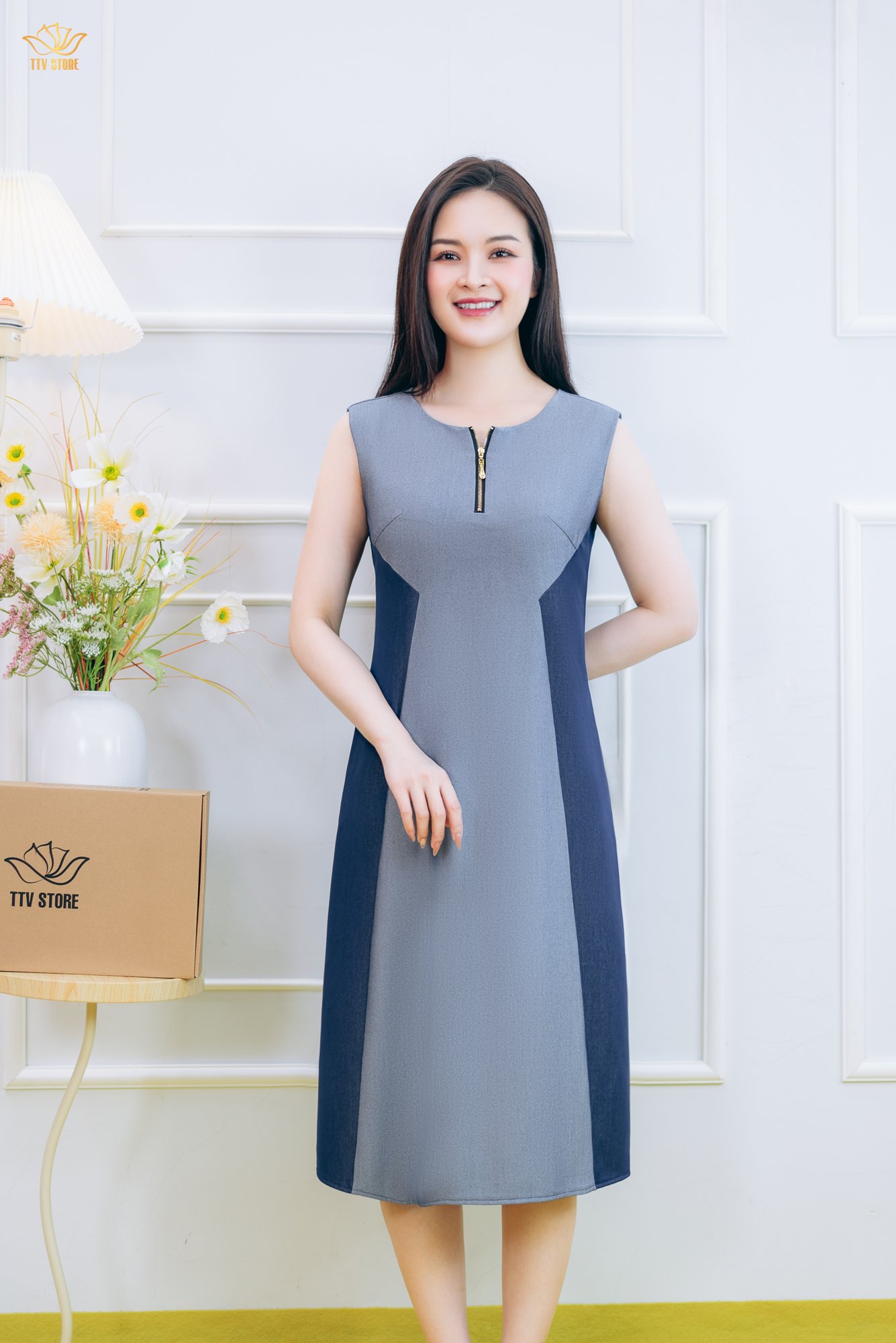 Đầm suông A - Cổ tròn tay sát nách - CV - Xanh jean - TTV1842