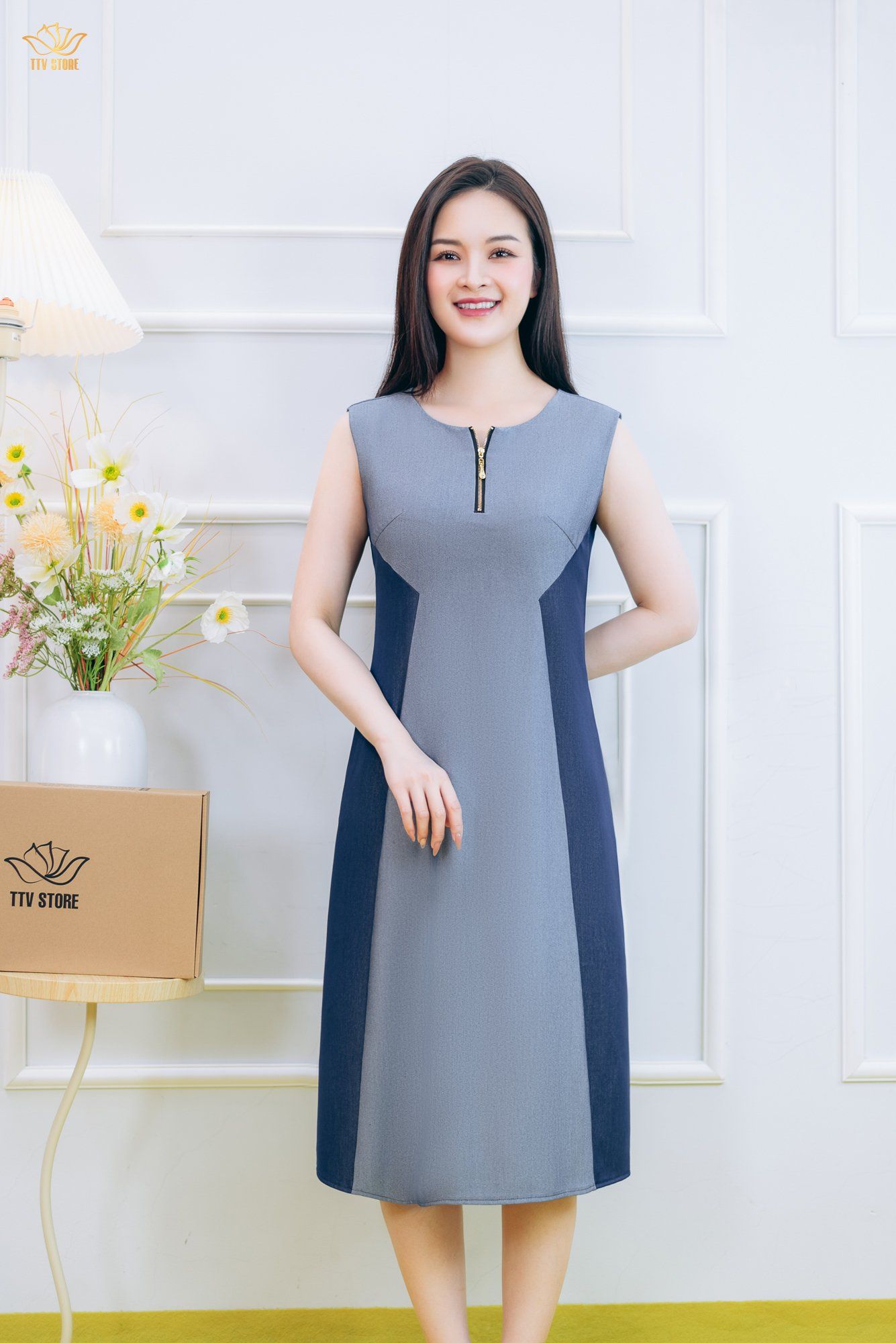 Đầm suông A - Cổ tròn tay sát nách - CV - Xanh jean - TTV1842