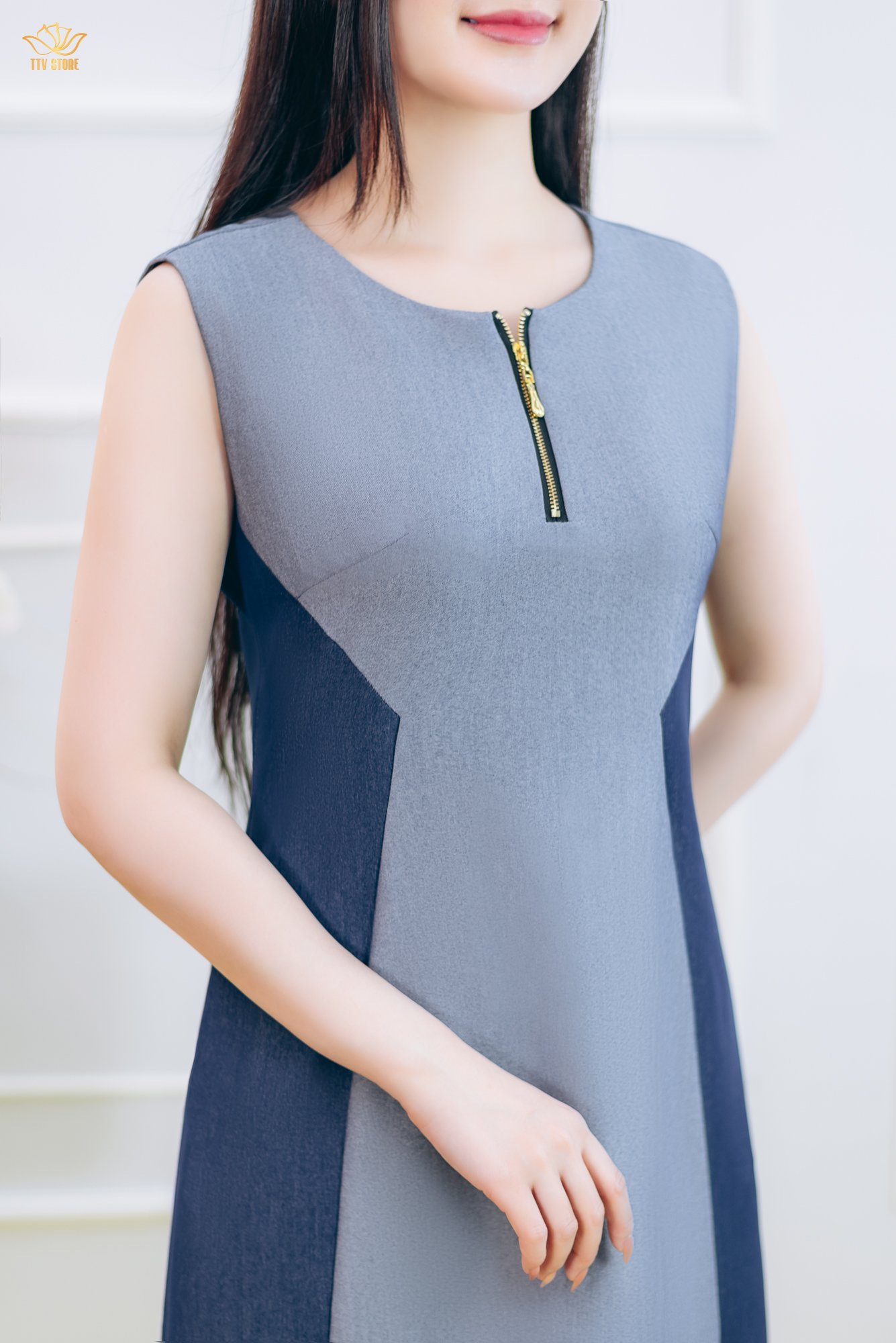 Đầm suông A - Cổ tròn tay sát nách - CV - Xanh jean - TTV1842