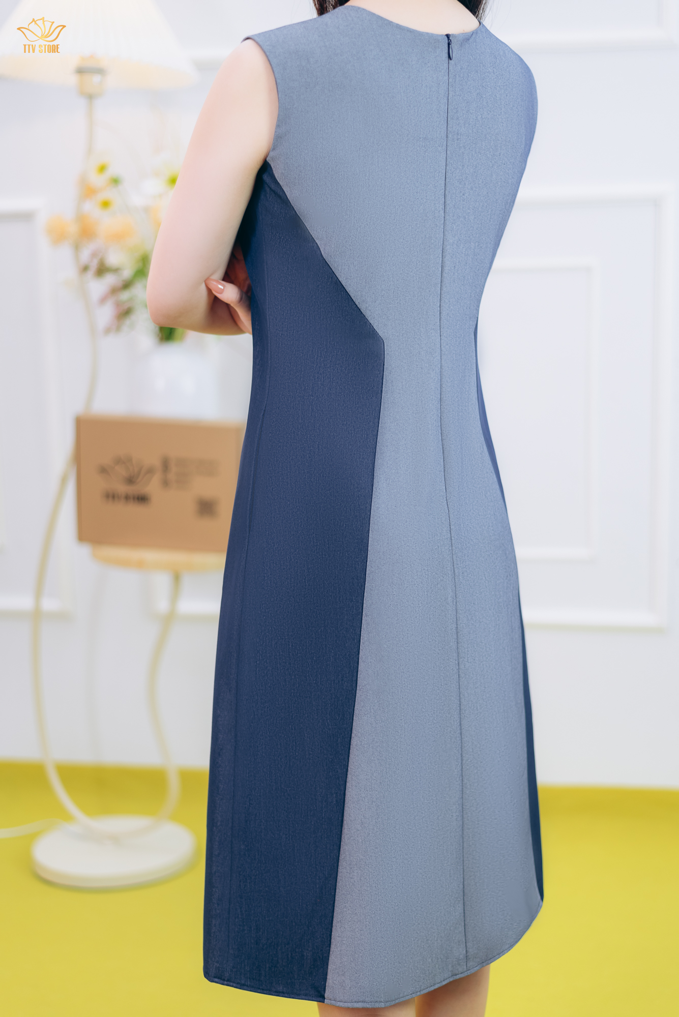 Đầm suông A - Cổ tròn tay sát nách - CV - Xanh jean - TTV1842