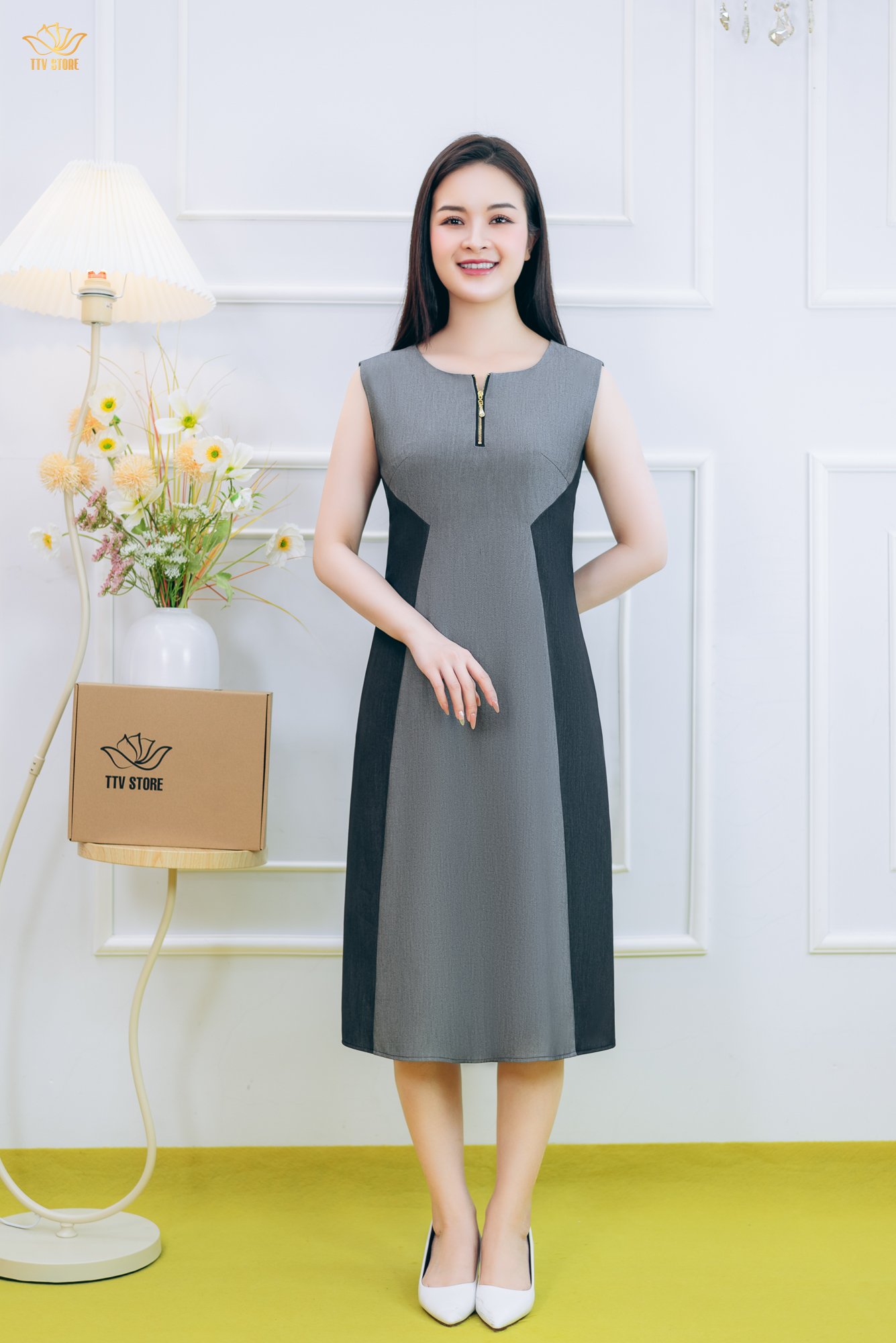 Đầm suông A - Cổ tròn tay sát nách - CV - Xám tro - TTV1842