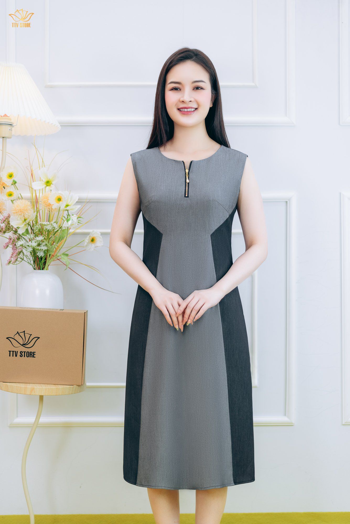 Đầm suông A - Cổ tròn tay sát nách - CV - Xám tro - TTV1842