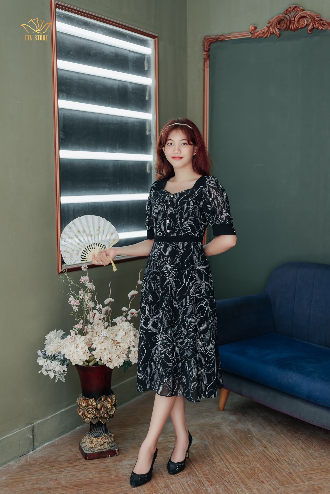 Đầm xòe - Cổ vuông kết nút tay lỡ - CD - Đen trắng - TTV1220