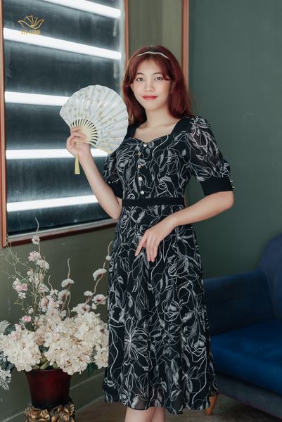 Đầm xòe - Cổ vuông kết nút tay lỡ - CD - Đen trắng - TTV1220