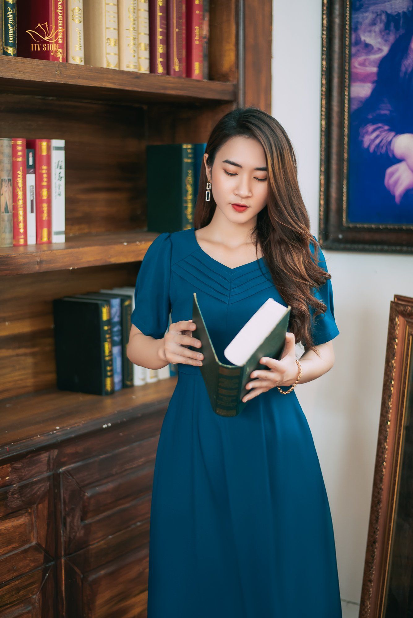 Đầm xòe - Cổ tim xếp li tay ngắn - CV - Xanh cổ vịt - TTV1207