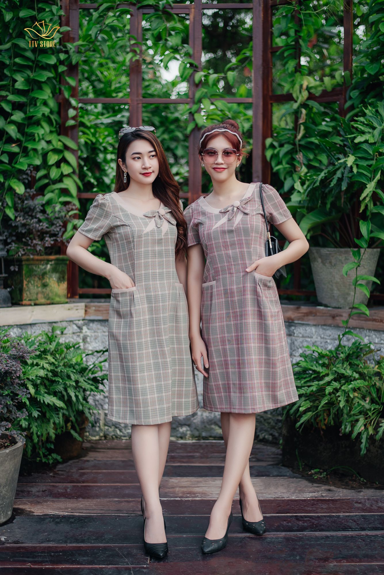 Đầm suông - Cổ tròn kết nơ tay ngắn - CT - Hồng caro - TTV1162