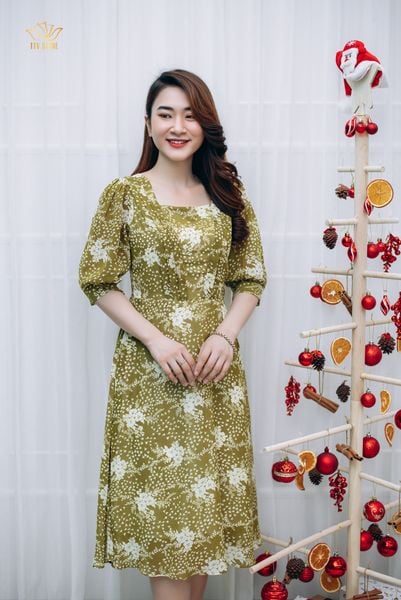 Đầm xoè - Cổ vuông tay lỡ - CT - Xanh hoa kem - TTV1203