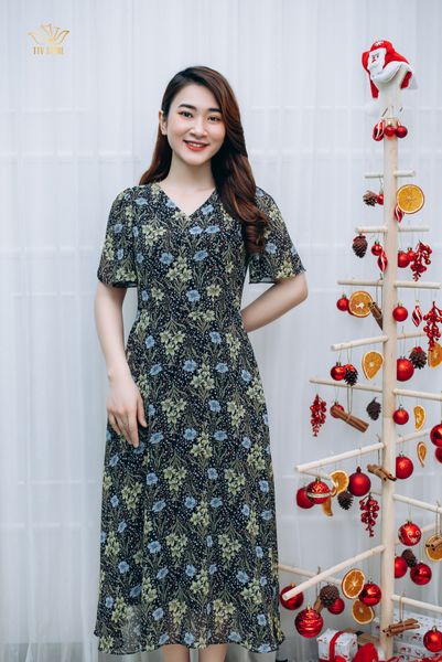 Maxi - Cổ tim tay loe - CT - Đen hoa - TTV1202
