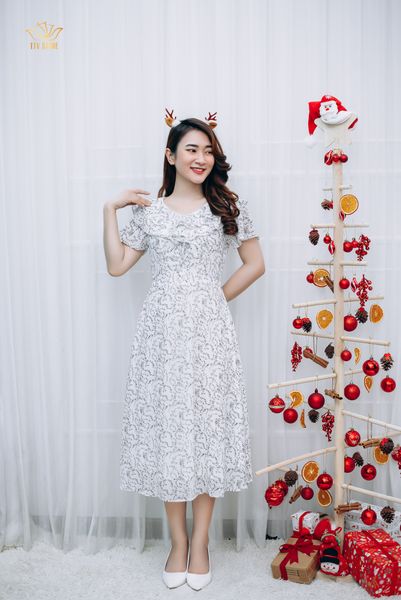 Đầm xòe - Cổ bèo tay ngắn - AH - Trắng hoa đen - TTV1204
