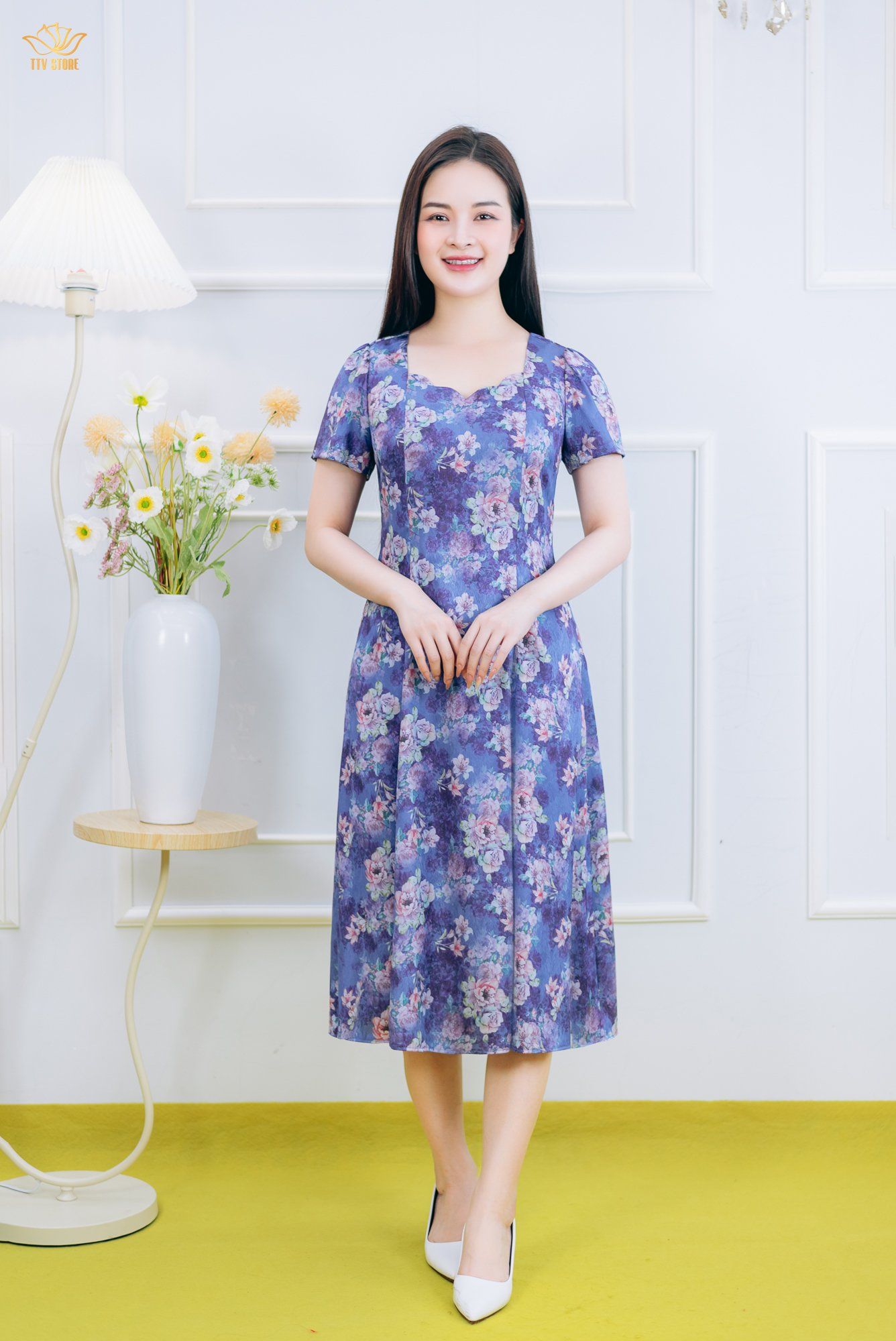 Đầm xòe 8 mảnh - Cổ vuông tim sóng nước tay ngắn - CD - Tím hoa - TTV1857#