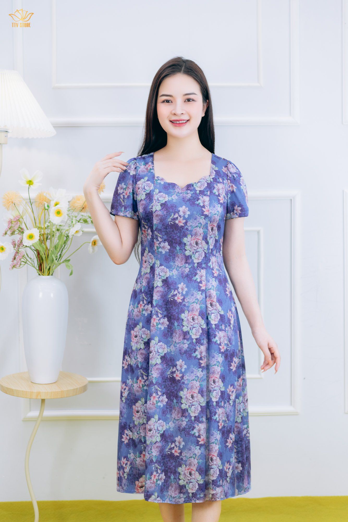 Đầm xòe 8 mảnh - Cổ vuông tim sóng nước tay ngắn - CD - Tím hoa - TTV1857#