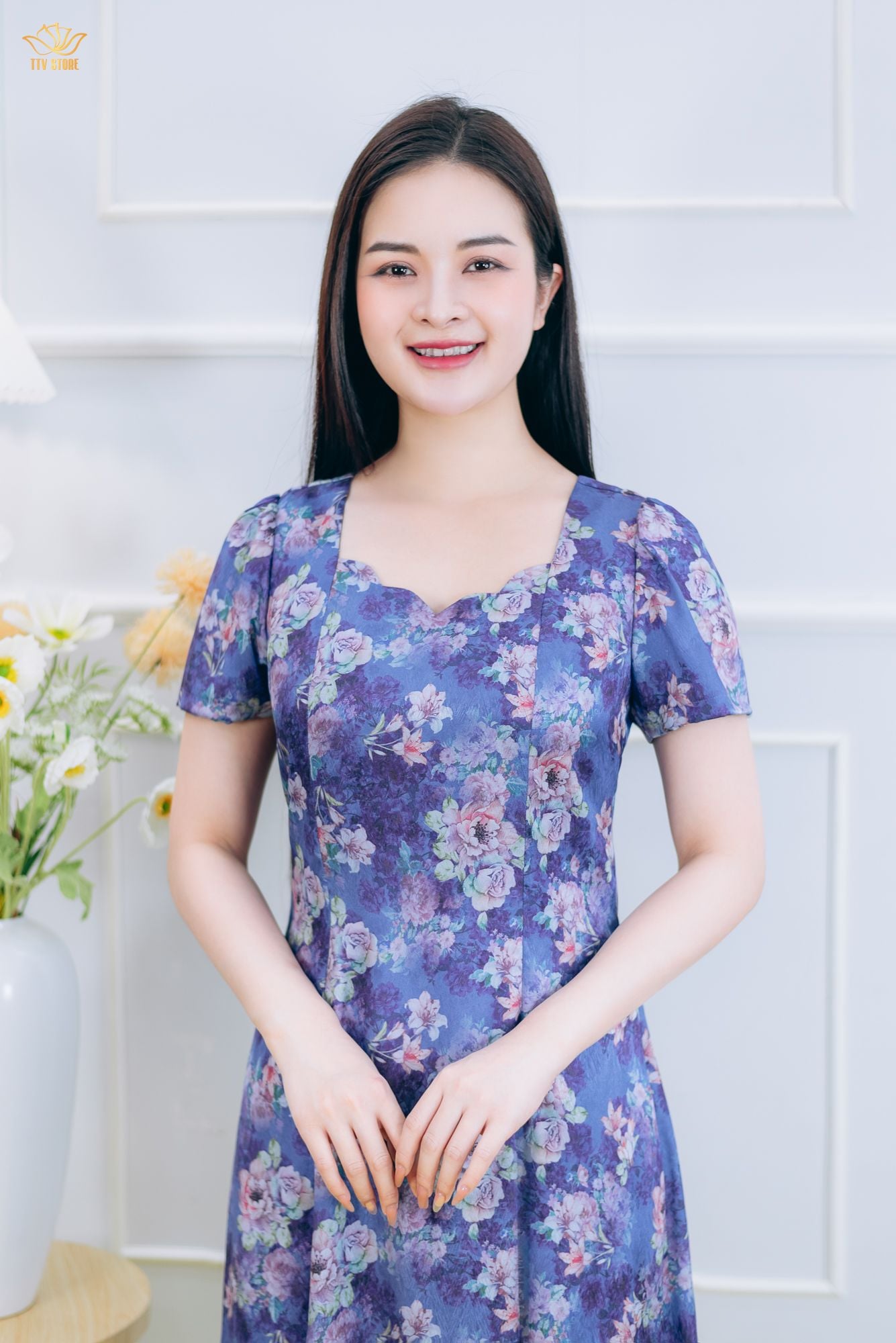 Đầm xòe 8 mảnh - Cổ vuông tim sóng nước tay ngắn - CD - Tím hoa - TTV1857#