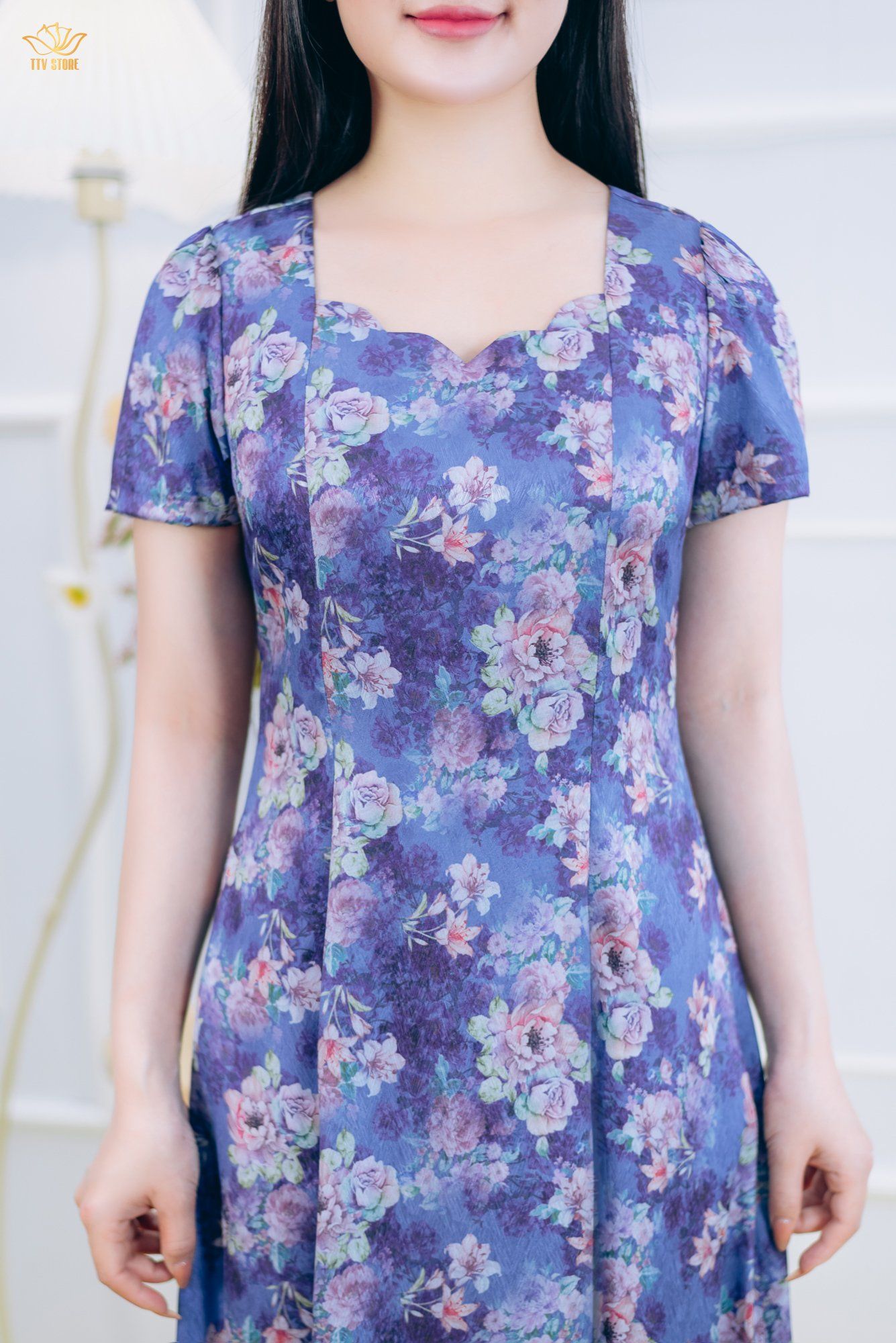 Đầm xòe 8 mảnh - Cổ vuông tim sóng nước tay ngắn - CD - Tím hoa - TTV1857#