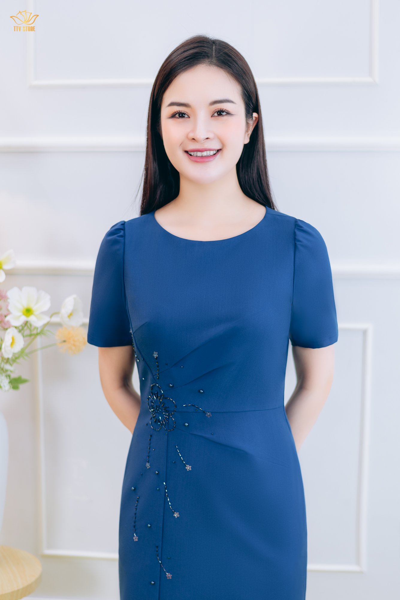 Đầm body - Cổ tròn tay ngắn kết cườm ngọc - CD - Xanh coban - TTV1853