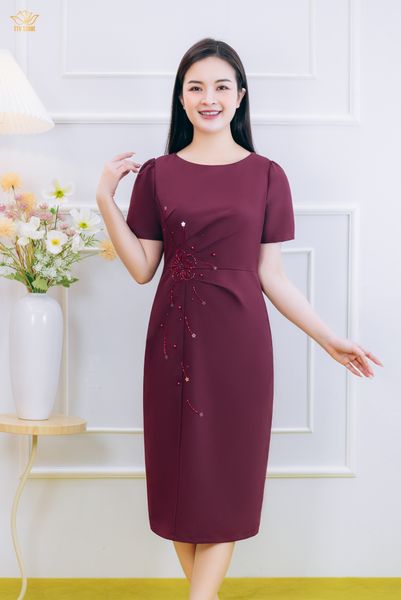 Đầm body - Cổ tròn tay ngắn kết cườm ngọc - CD - Đỏ rượu - TTV1853