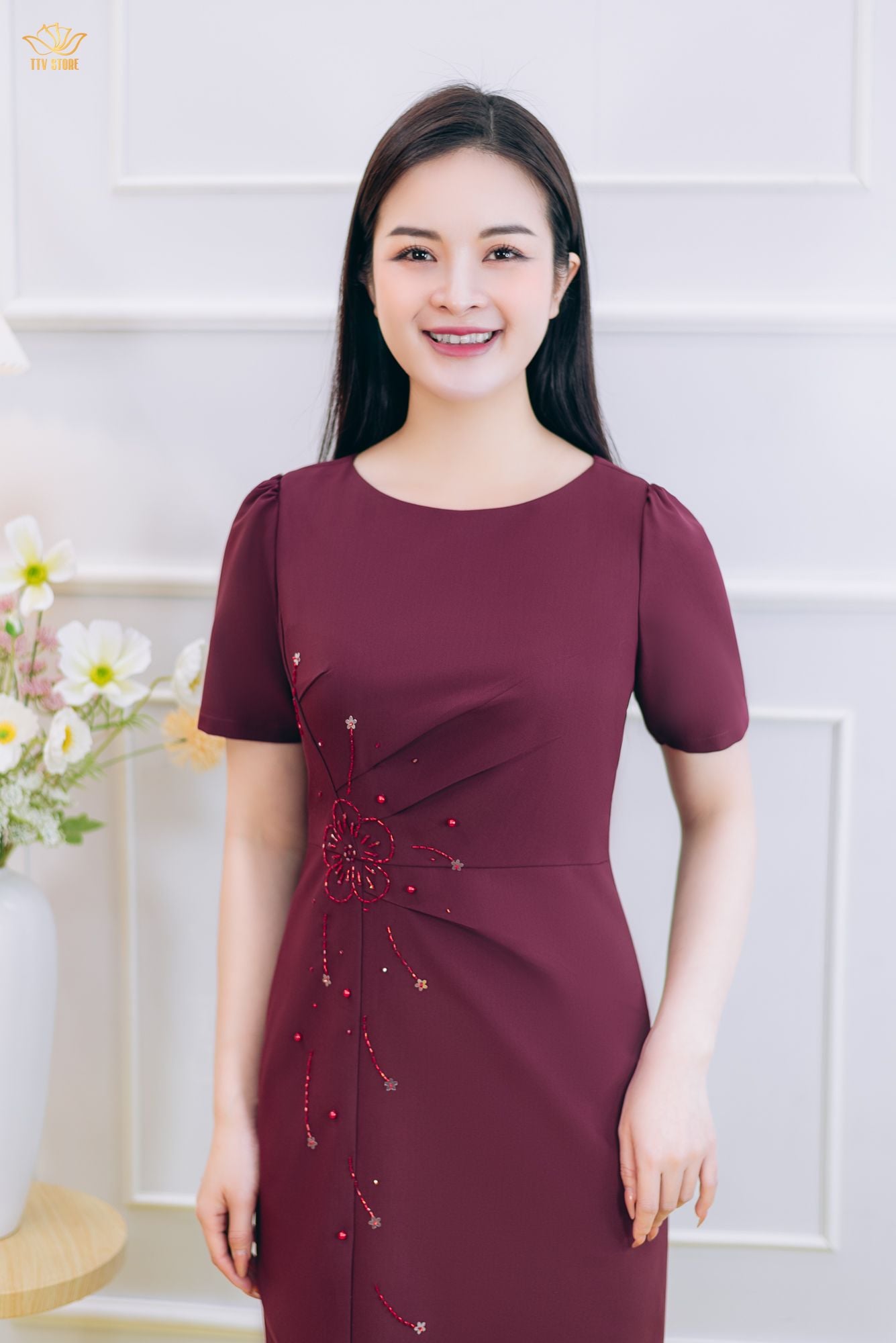 Đầm body - Cổ tròn tay ngắn kết cườm ngọc - CD - Đỏ rượu - TTV1853