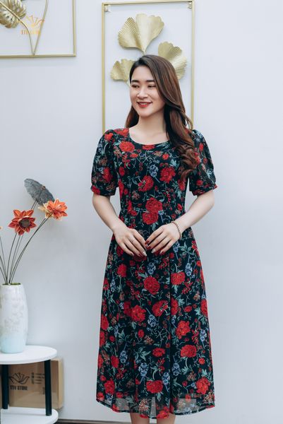 Đầm xòe - Cổ tròn tay ngắn - AH - Đen hoa đỏ - TTV1216
