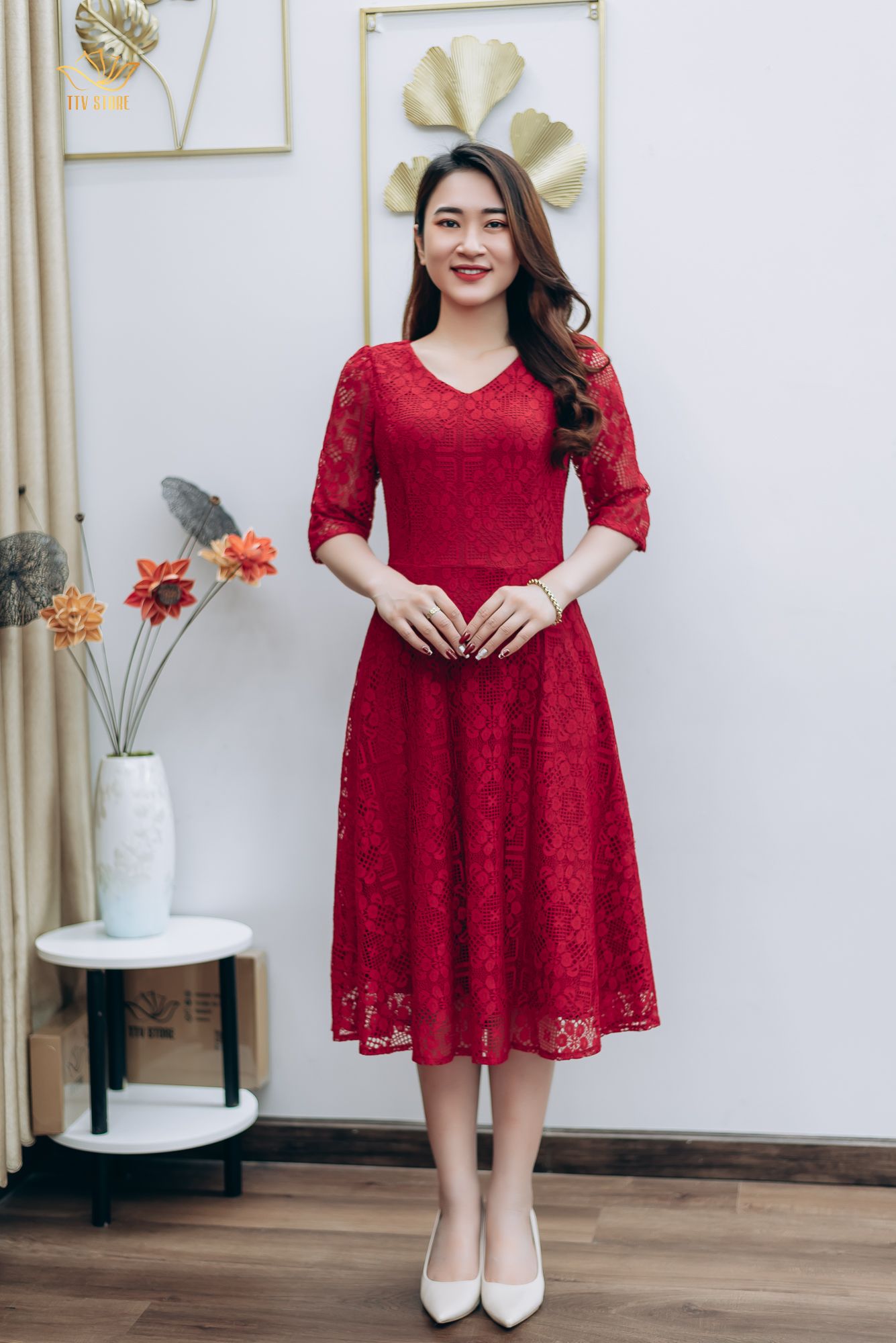 Đầm xòe ren - Cổ tim tay lỡ - CT - Đỏ tươi - TTV1219