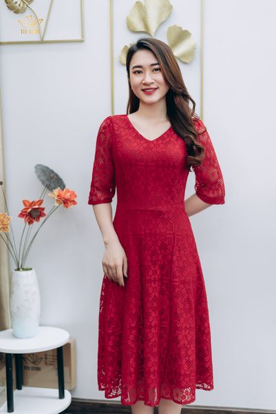 Đầm xòe ren - Cổ tim tay lỡ - CT - Đỏ tươi - TTV1219