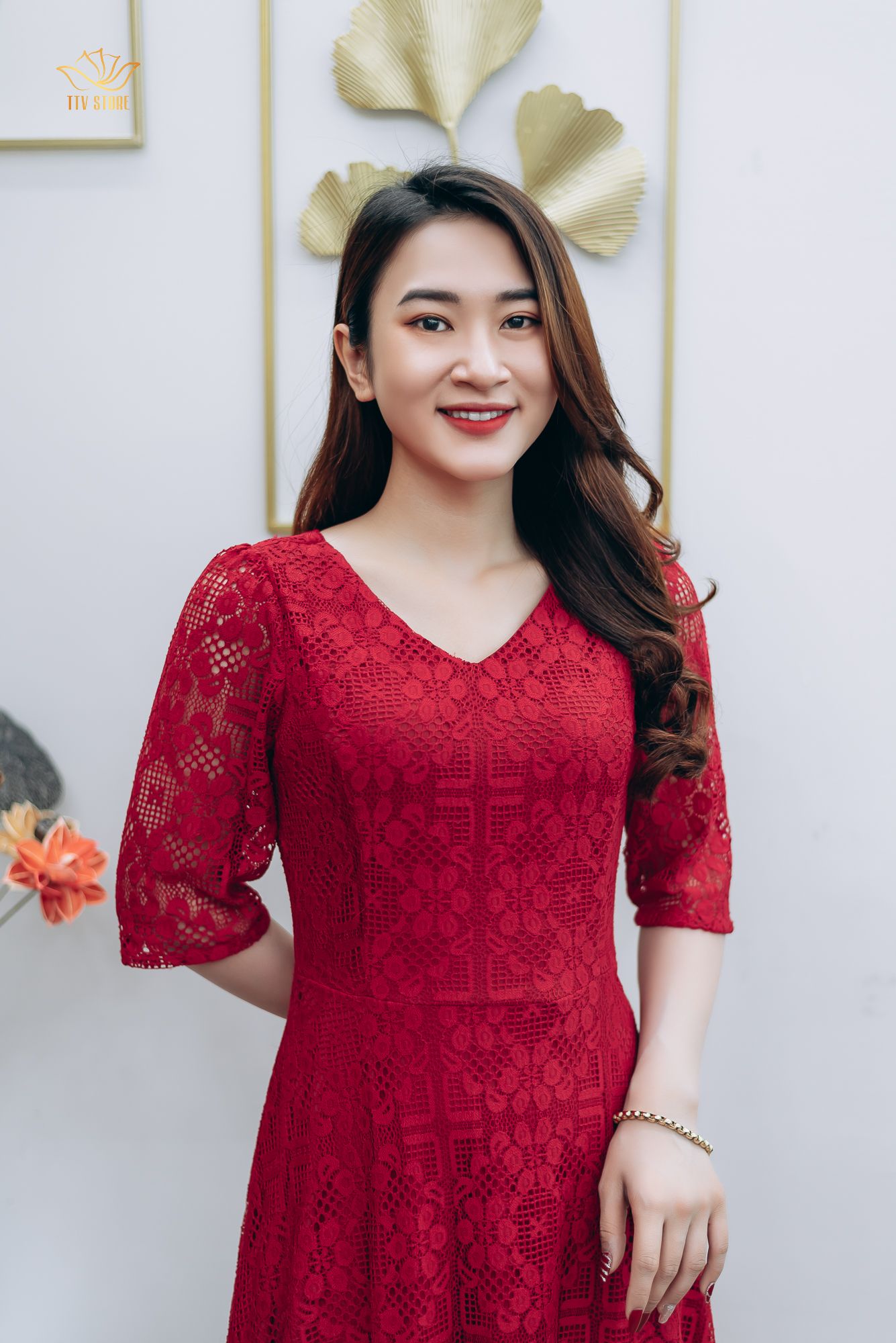 Đầm xòe ren - Cổ tim tay lỡ - CT - Đỏ tươi - TTV1219