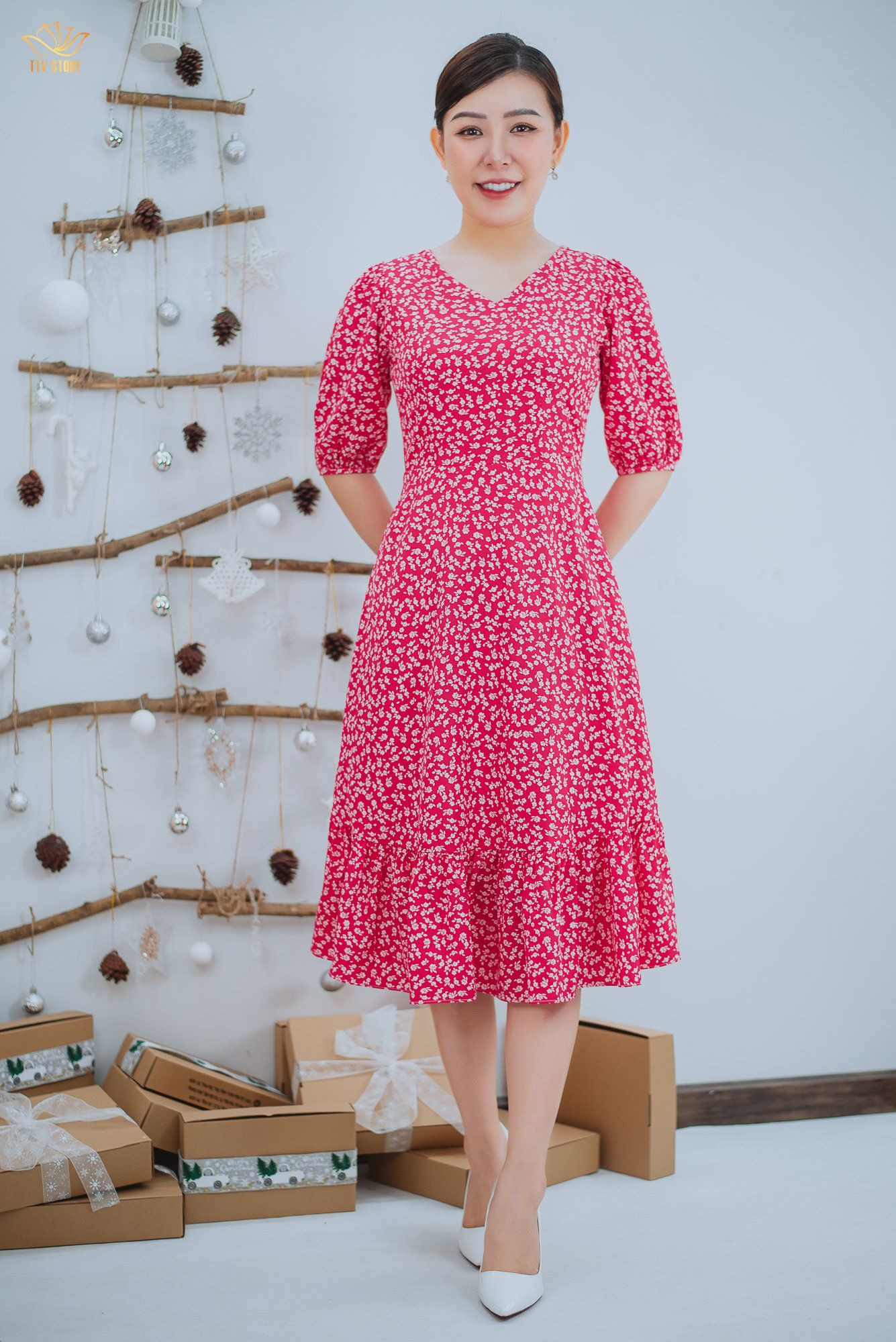 Đầm maxi - Cổ tim tay lỡ - CT - Hồng hoa trắng - TTV1536