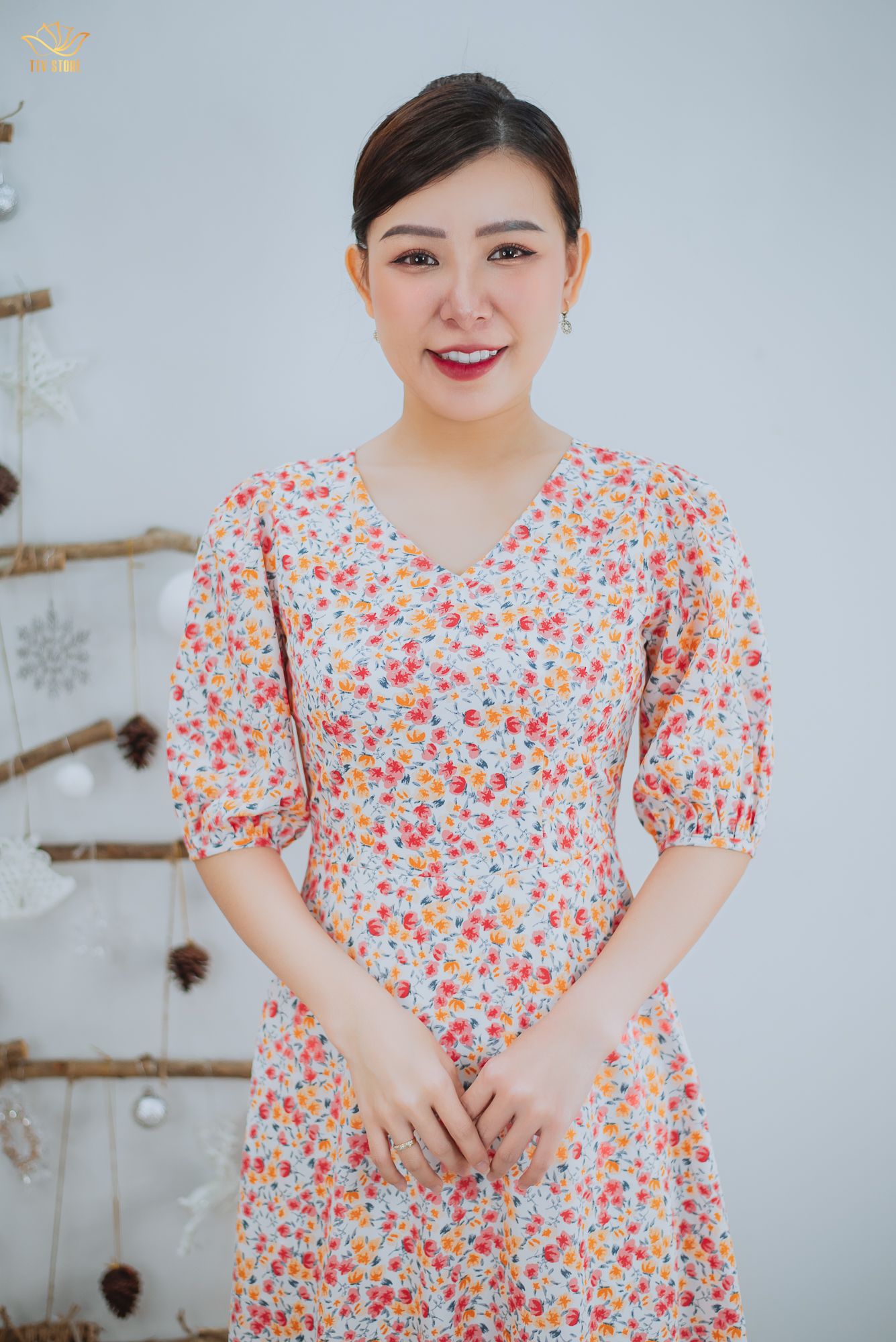 Đầm maxi - Cổ tim tay lỡ - CT - Trắng hoa cam - TTV1535