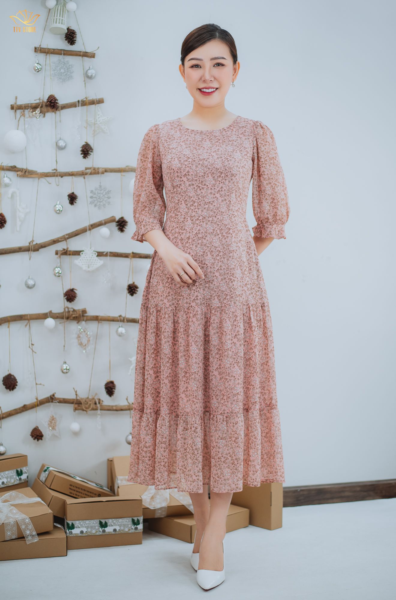 Đầm maxi - Cổ tròn tay lỡ - CD - Hồng hoa nhí - TTV1526