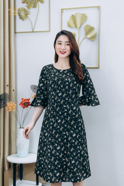 Đầm suông - Cổ tròn tay chuông - CV - Đen hoa nhí - TTV1236