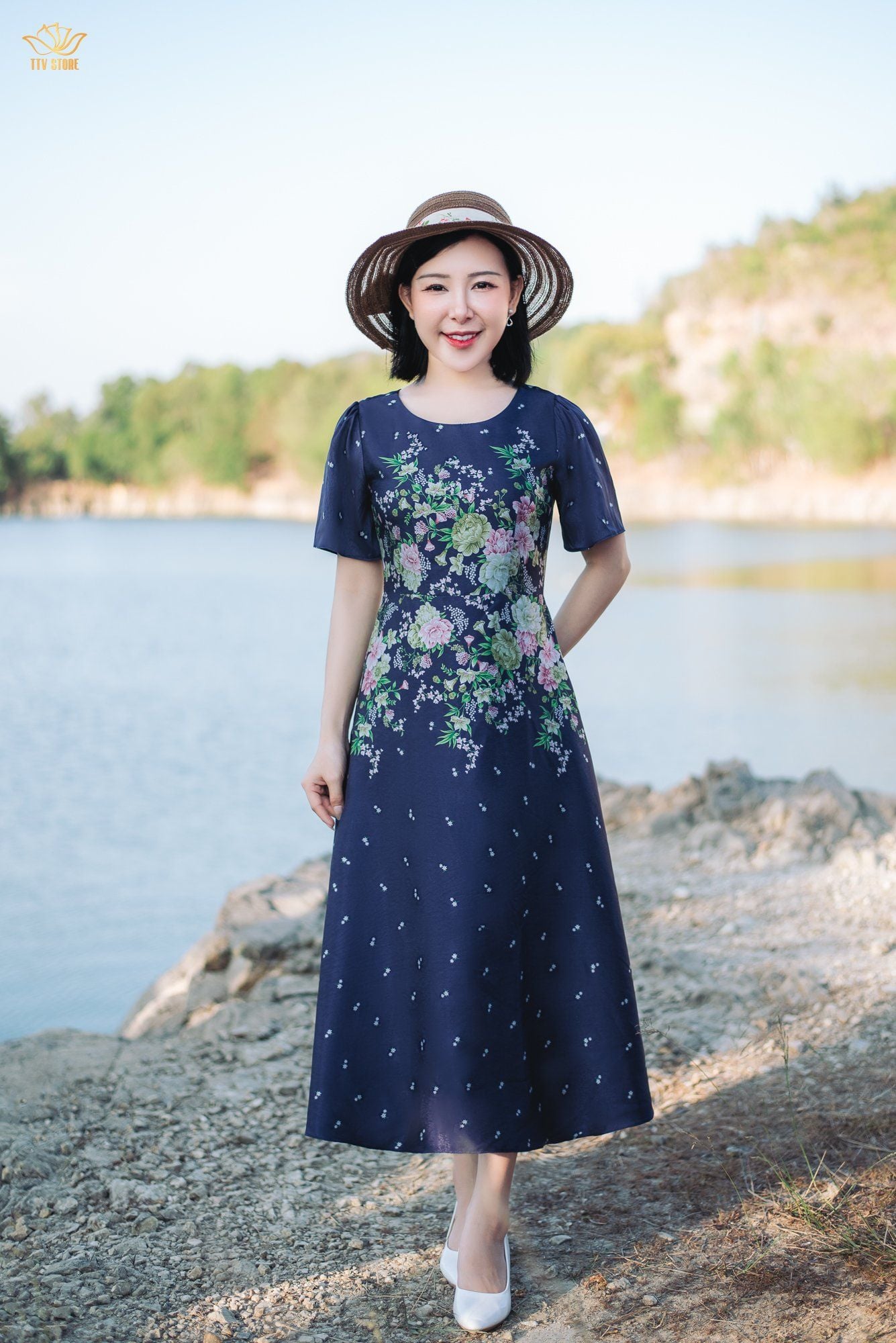 Đầm xòe - Cổ tròn tay ngắn - AH - Tím than hoa - TTV1871