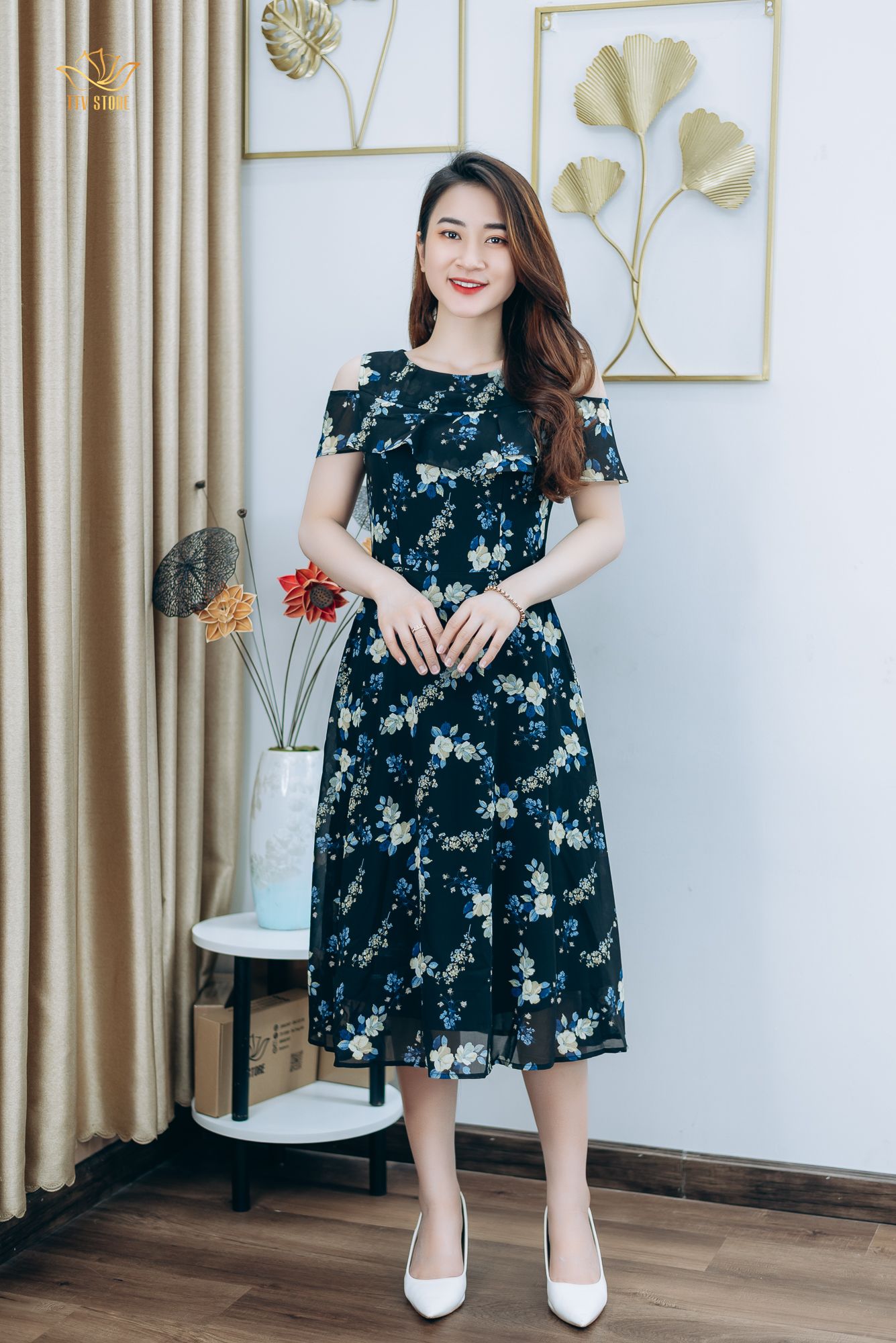 Đầm xòe hai dây rớt vai phối bèo KK10812  Thời trang công sở KK Fashion