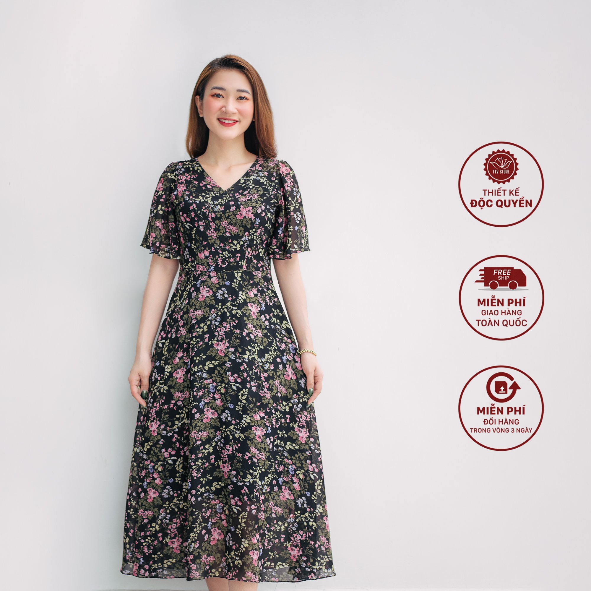 Đầm maxi - Cổ tim tay loe - CT - Đen hoa nhí - TTV958