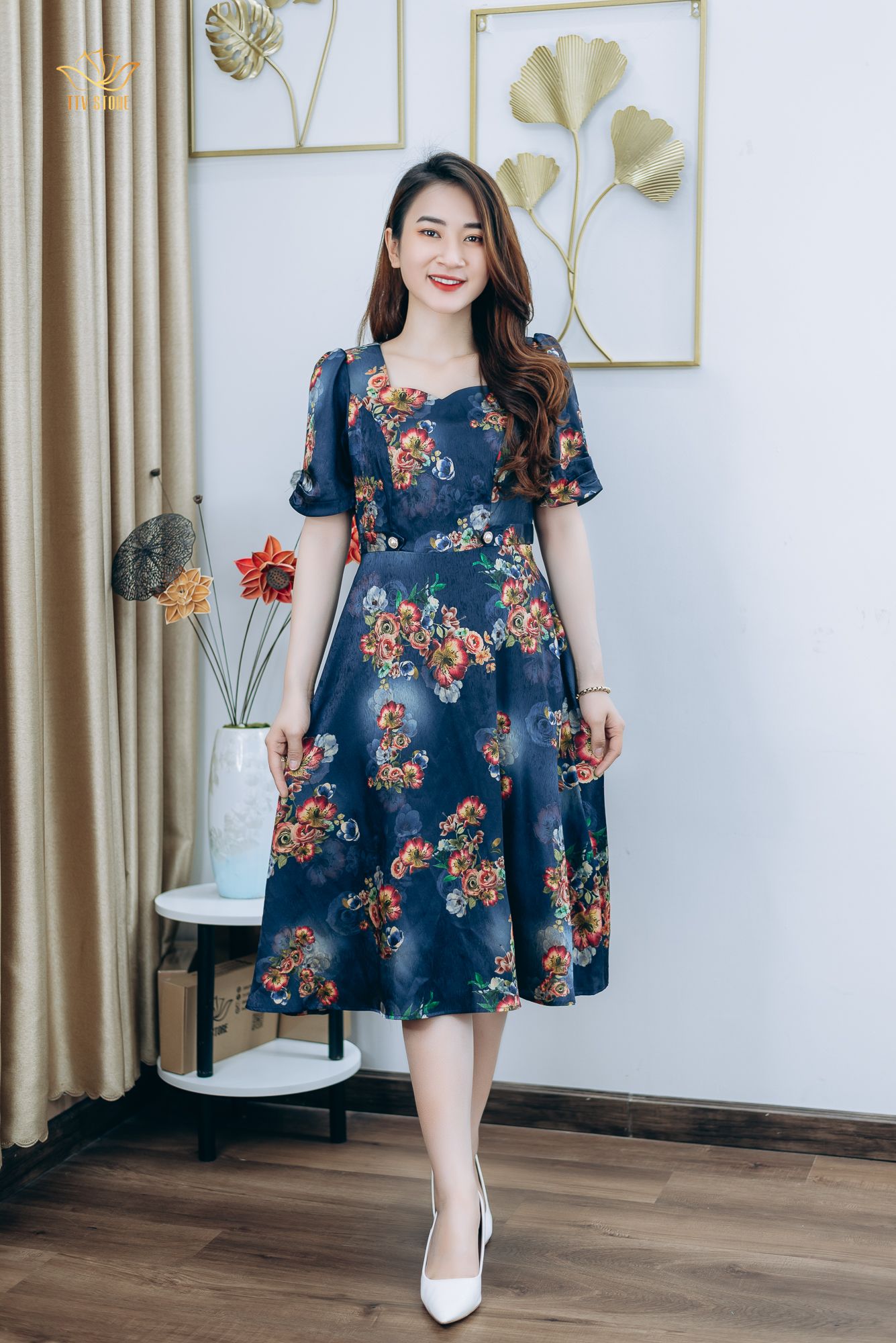 Đầm xòe - Cổ vuông tay ngắn - CT - Xanh hoa - TTV1242