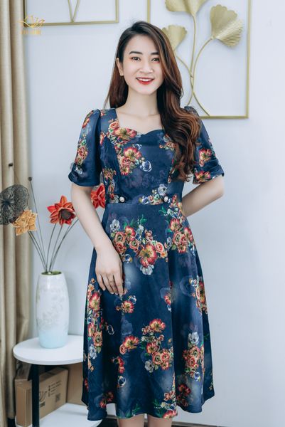 Đầm xòe - Cổ vuông tay ngắn - CT - Xanh hoa - TTV1242