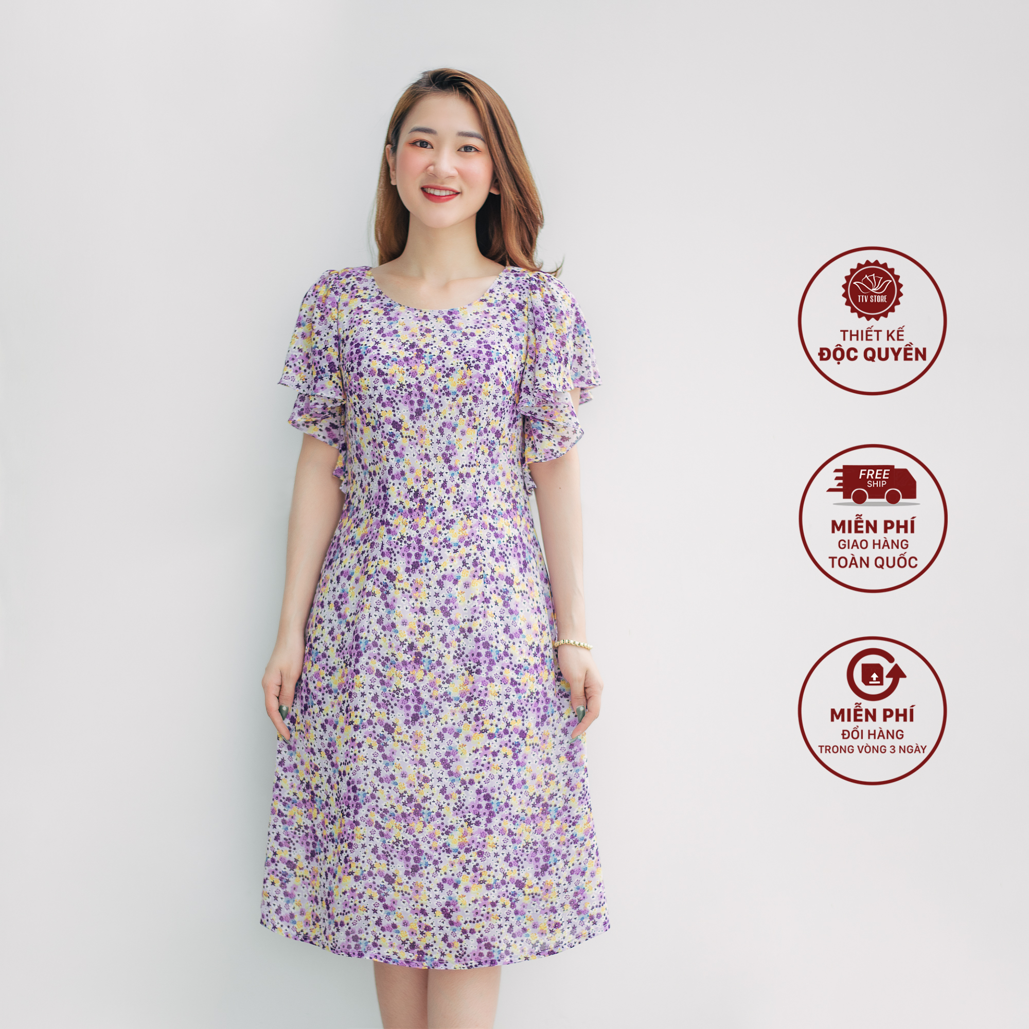 Đầm suông - Cổ tròn tay cánh tiên - CT - Hoa nhí tím - TTV967