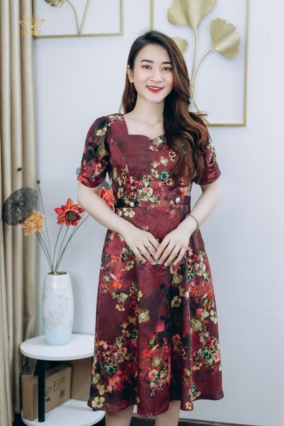 Đầm xòe - Cổ vuông tay ngắn - CT - Đỏ hoa - TTV1242