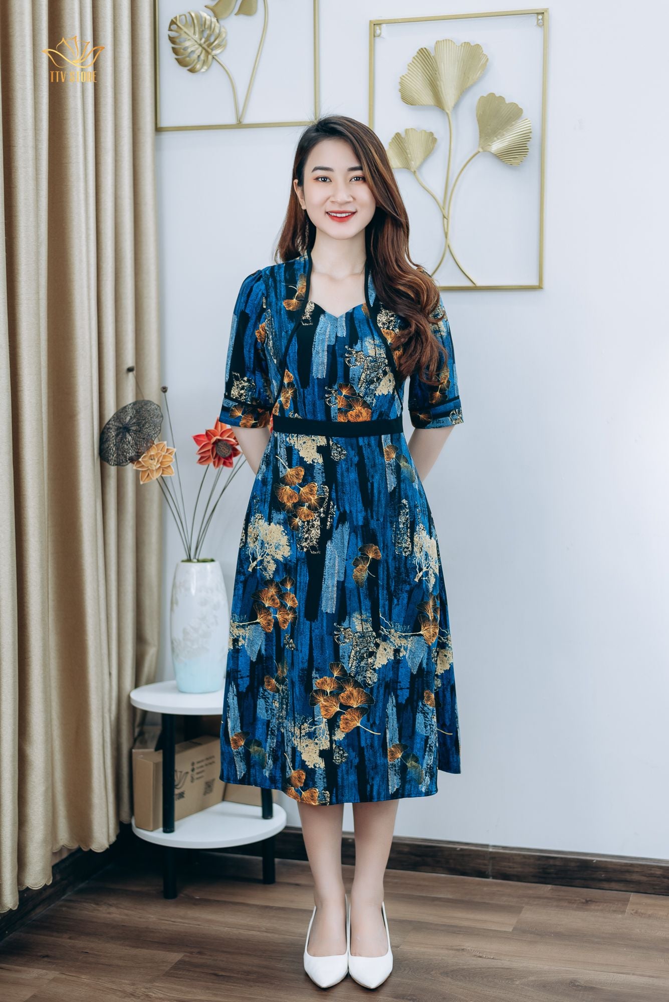 Đầm xòe - Cổ lục giác tay lỡ - AH - Xanh họa tiết - TTV1247